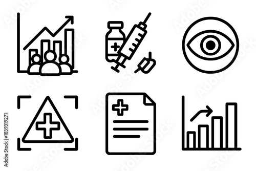 Healthcare System Icons. Public Health System Icons linear set: population health graph, vaccination point, surveillance eye, emergency response zone, health policy sheet, resource
