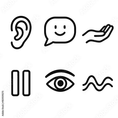 Mindful Communication Icons. Mindful Communication Signals linear set: open ear, calm speech bubble, gentle hand gesture, pause symbol, understanding eye, harmony wave.