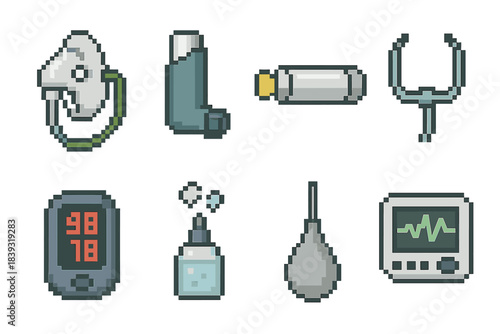 Respiratory Care Icons. Medical devices for respiratory care set set of icons in flat pixel vector style: nebulizer mask, inhaler, spacer tube, oxygen cannula, pulse oximeter,