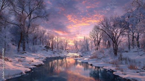 snowcovered river scene at sunset with colorful clouds and trees in winter wonderland