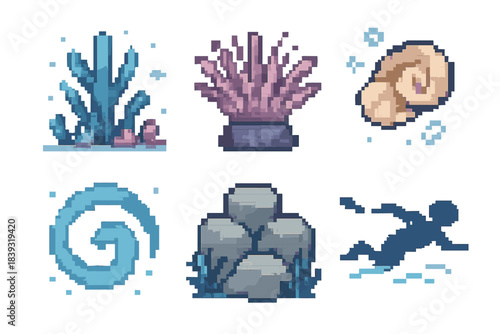 Pixel Art Underwater Icons. Underwater pixel style set: ocean bloom, soft anemone, floating shell, current loop, reef stone, swimming silhouette.