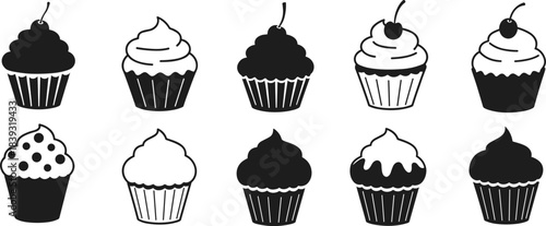 Black and white cupcake illustration, dessert sketch, bakery art, sweet treat drawing, cupcake design, 