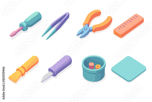 Mini Tool Set Icons. Small-scale instrument kit flat isometric set: mini driver, fine tweezers, micro snips, desk ruler, dust brush, small blade, parts cup, cloth pad.