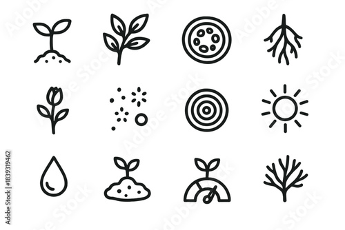 Botanical Growth Icons. Botanical Growth Symbols linear set: seedling shoot, leafy branch, stem cross-section, root tip icon, budding flower, pollen drift symbol, growth ring,
