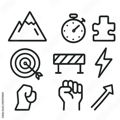 Outline Challenge Icons. Challenge Icons Set linear set: mountain peak, stopwatch, puzzle piece, lightning bolt, target, barrier wall, clenched fist, steep arrow.