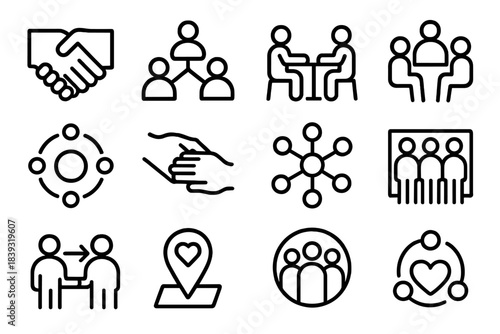 Community Icon Design. Community Connection linear set: handshake tile, group circle node, shared-space bar, discussion ring, collaborative cue dot, support patch, network stripe,