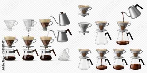 Set of pour-over coffee brewing equipment with drippers, kettles, and carafes.