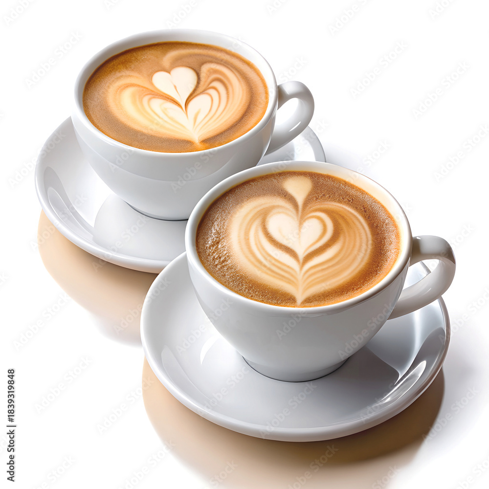 Obraz premium Two cups of cappuccino with heart shaped latte art on white background for romantic morning.