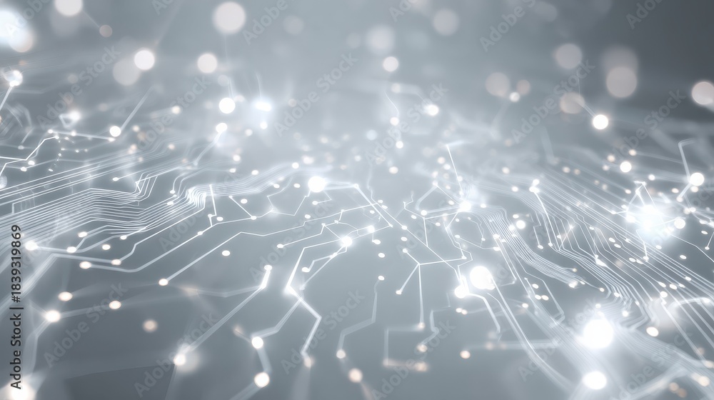 Obraz premium intricate network of glowing white circuit board traces and nodes on a subtle gradient background representing technology