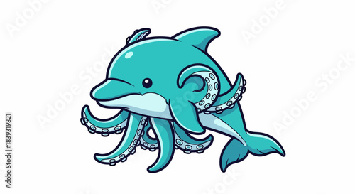 Cute cartoon dolphin with octopus tentacles hybrid creature.