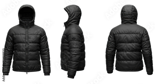 Three premium matte black winter puffer jackets in a professional e-commerce triptych, highlighting quilted stitching and padded hoods on a transparent background. Concept for commercial apparel