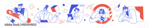 Set of employees' portraits for online business meeting by video call. Office workers' avatars for remote work. Concept of development. Flat isolated outline vector illustrations on white background.