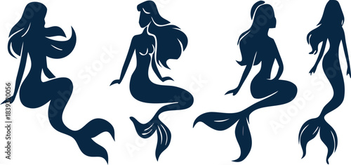 Mermaid vector symbol set with clean lines, suitable for UI icons, web design, storybooks, nautical themes, and creative illustrations.