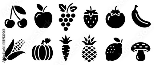 fresh fruits and vegetables icons set