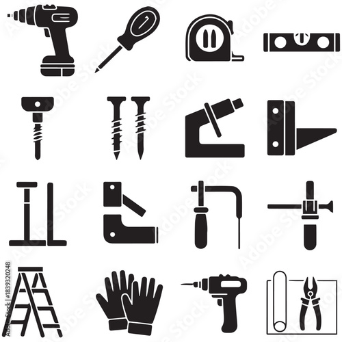 A vector illustration showing a collection of assorted tool icons including hammers drills screwdrivers saws brushes scissors and wrenches for construction and repair