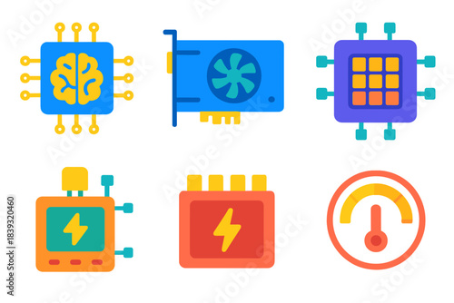 AI Hardware Icons. Efficient AI Hardware Components flat set: neuromorphic chip, optimized accelerator card, low-power tensor module, adaptive voltage controller, compact vrm,