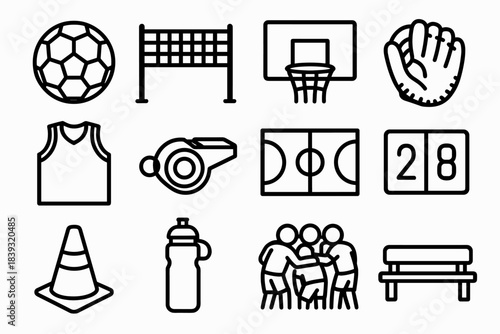 Sports Icon Set. Recreational Team Sports Basics linear set: soccer ball, volleyball net, basketball hoop, softball glove, team jersey, whistle icon, field lines, scorecard,