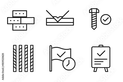 Construction Quality Icons. Material & Workmanship QA Set linear set: brick sample, weld check symbol, surface finish gauge, fastening check, reinforcement icon, curing timeline,