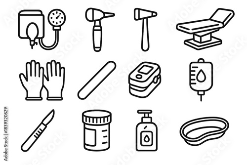 Medical Equipment Icons. Clinical Tools & Equipment linear set: blood pressure cuff, otoscope, reflex hammer, exam table, medical gloves, tongue depressor, pulse oximeter, IV bag,
