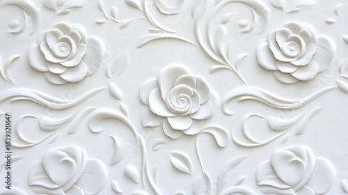 White floral relief background texture abstract floral pattern with raised rose petals and flowing vines creating elegant decorative surface
