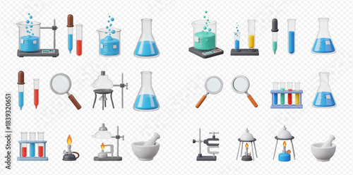 Set of 3D rendered chemical laboratory equipment and glassware for science experiments and research.