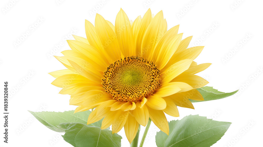 Naklejka premium Sunflower yellow petal green leaf summer nature botanical closeup vibrant floral isolated cheerful blooming garden plant bright fresh detailed macro outdoor natural agriculture seed sunlight