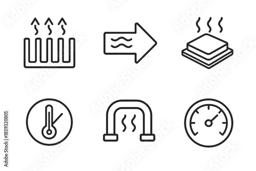 Iconic Cooling Design. Optimized Thermal Management linear set: heat sink fin, cooling airflow arrow, thermal pad, temperature gauge, heat pipe segment, efficiency dial.
