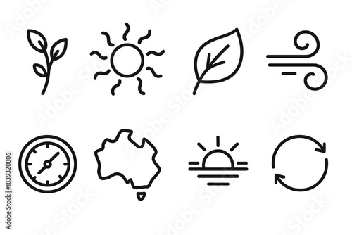 Seasonal Cycle Icons. Season Cycle Imagery linear set: renewal sprig, radiant heat wave, amber leaf curve, cold-air swirl, time-of-year dial, seasonal change map, daylight shift