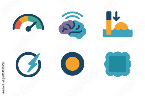 Fatigue Icons Design. Personal Fatigue Framework flat set: low-energy dial, cognitive fade arc, emotional sink patch, attention droop bar, drained-state ring, inner-weight node,