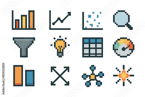 Data Analysis Icons. Data Analysis Icons pixel style set: chart bars, trend line, scatter plot, magnifying lens, data filter, insights bubble, grid table, metrics gauge, comparison
