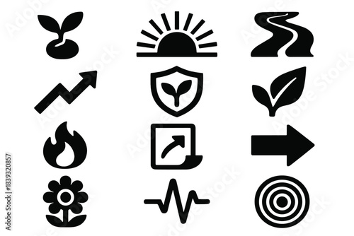 Resilience & Growth Icons. Resilience & Growth silhouette set: sprouting seed, rising sun, steady path, gentle climb icon, resilience shield, strength leaf, courage flame, new