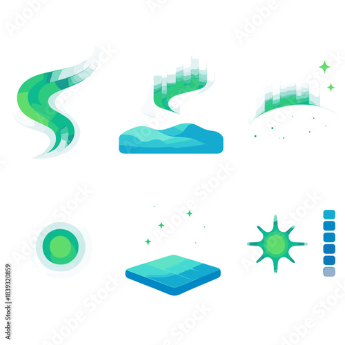 Vibrant Polar Icons. Polar Light Phenomena flat set: aurora sweep, icy shimmer patch, radiant sky band, reflective snow tile, glow pulse icon, intensity meter.