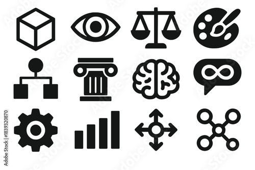 Philosophy Icon Set. Branches of Philosophy silhouette set: metaphysics cube, epistemology eye, ethics balance, aesthetics palette, logic diagram, political philosophy pillar,