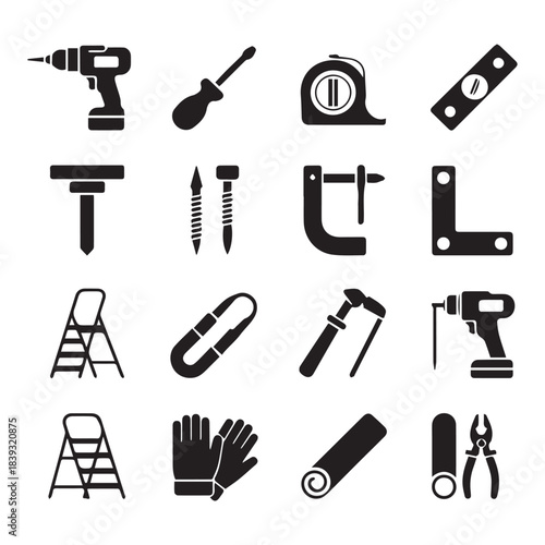 A vector illustration showing a collection of assorted tool icons including hammers drills screwdrivers saws brushes scissors and wrenches for construction and repair