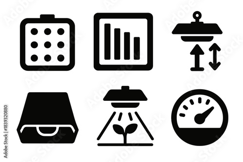 Hydroponic Icon Set. Hydroponic Light Systems silhouette set: grow lamp tile, spectral control icon, adjustable height arrow, reflector sheet, plant-targeted beam, performance dial