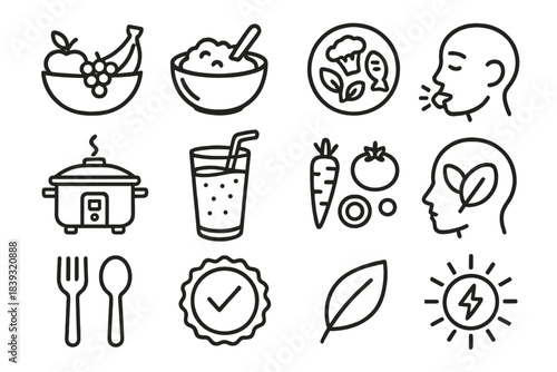Breakfast Icons Collection. Nourishing Start linear set: fruit bowl, warm oatmeal dish, herbal tea cup, balanced plate, slow-cooking pot, fresh smoothie glass, simple ingredients