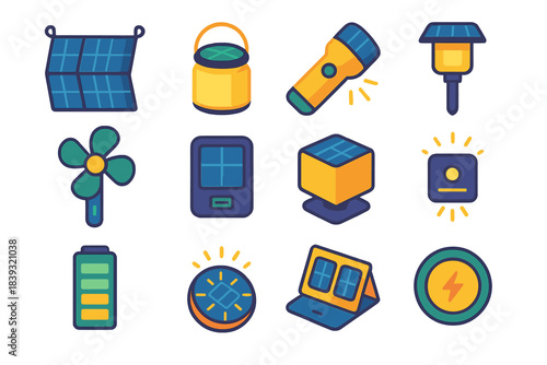 Stylish Solar Gadgets. Renewable Solar Gadgets flat set: collapsible solar sheet, lantern pod, solar-powered flashlight, garden stake LED, solar mini fan, USB charger pad, solar