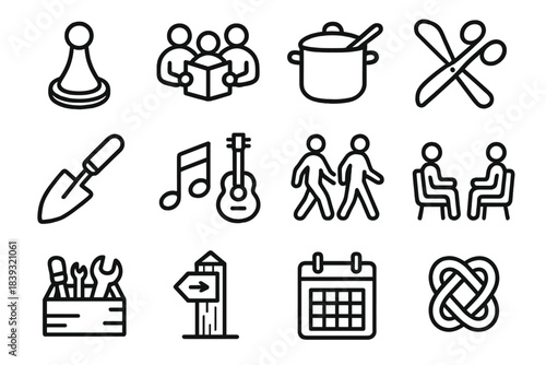 Social Connection Icons. Social Connection Activities linear set: board game token, reading circle, cooking group pot, crafting scissors, gardening spade, music jam icon, wellness