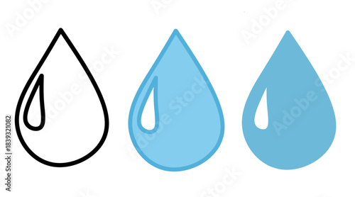 Set of three water drop icons in outline and different shades of blue, symbolizing nature, liquid, and purity