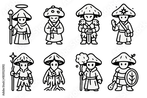 Enchanted Fungal Protectors. Enchanted fungus guardians linear set: halo-cap keeper, spirit-spore monk, moss-fringe warrior, luminous cap healer, star-gill guide, rootlink watcher,