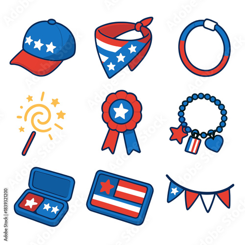 Festive Independence Accessories. Independence Day Festive Accessories Display isometric flat set: star-patterned cap, festive bandana, ribbon rosette, glow ring, sparkler swirl,