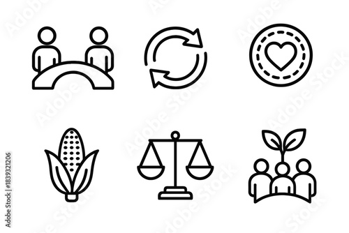 Fair Trade Icons. Fair Trade Ecosystem linear set: producer–buyer bridge, ethical supply loop, livelihood support token, climate-friendly crop, resource balance scale, community