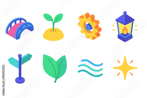 Vibrant Metaphoric Icons. Metaphoric Icons Set isometric flat set: bridge path, seed sprout, turning wheel, lantern glow, crossroads sign, unfolding leaf, harmony lines, catalyst