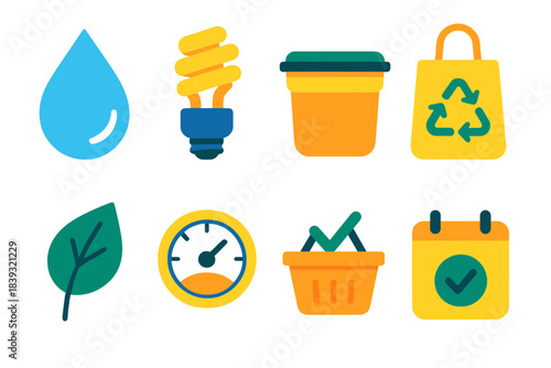 Mindful Resource Icons. Mindful Resource Use flat set: water-saving droplet, energy efficiency bulb, reusable container, minimal-waste bag, conservation leaf, time-use dial,