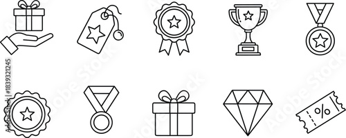 Collection of reward and prize line icons featuring gift trophy medal and discount symbols for loyalty program design