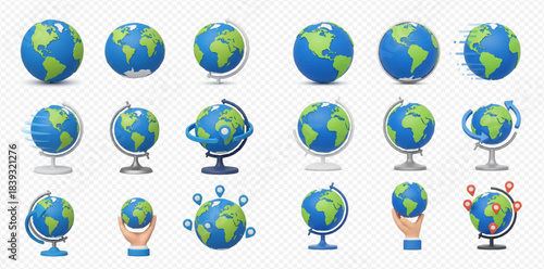 Set of diverse 3D globe models and earth maps, representing global communication and travel concepts.