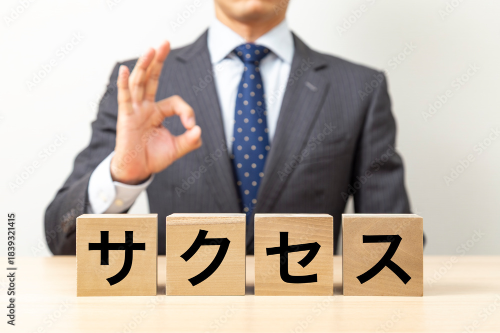 Obraz premium 「サクセス」と書かれたブロックとOKポーズをするビジネスマン