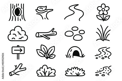 Nature Icon Harmony. Nature–Fauna Harmony linear set: tree hollow, nesting ledge, riverbank curve, meadow bloom, shrub thicket, fallen branch, pebble bed, wetland grass, wildlife
