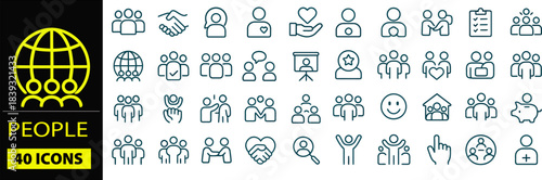 Collection of 40 line icons representing people, community, social networking, and business interactions.