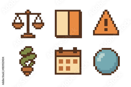 Pixel Art Icons. Digital harmony set pixel style set: balanced scale, split screen, priority marker, energy saver icon, schedule block, clarity orb.